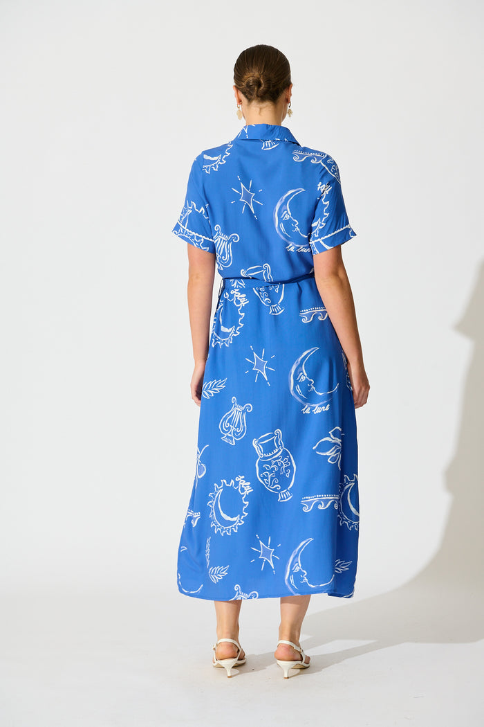 Hope Midi Shirt Dress in Blue with White Print back