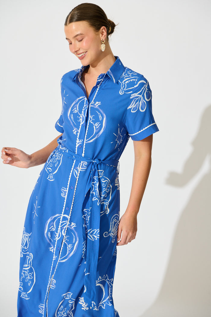 Hope Midi Shirt Dress in Blue with White Print front