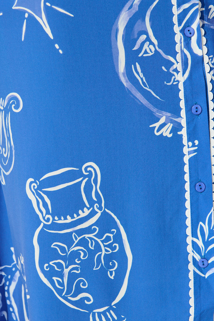 Hope Midi Shirt Dress in Blue with White Print fabric