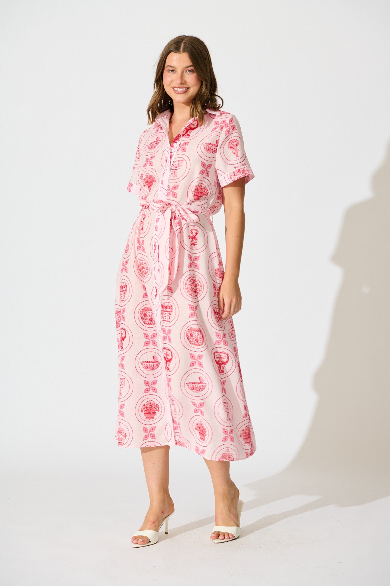 Hope Midi Shirt Dress in Pink Tiles Linen Blend full length