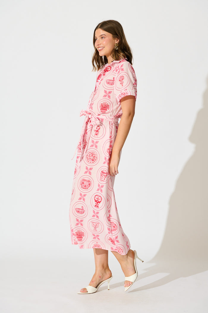 Hope Midi Shirt Dress in Pink Tiles Linen Blend side