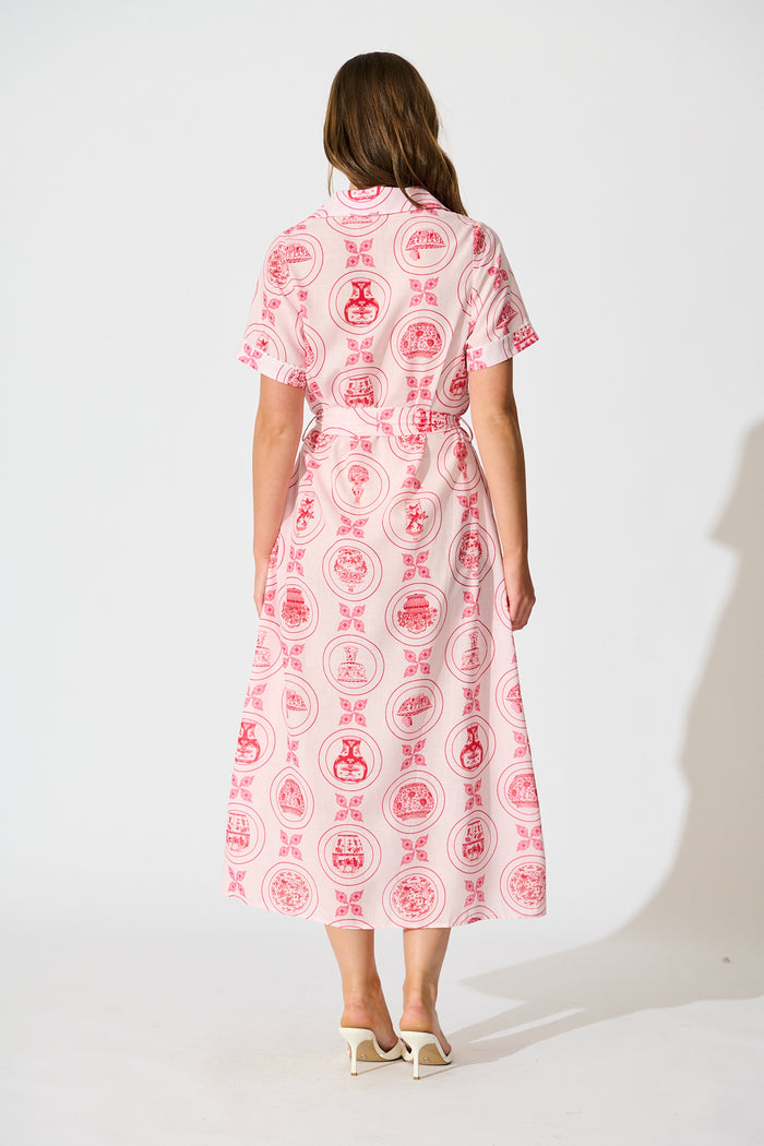 Hope Midi Shirt Dress in Pink Tiles Linen Blend back
