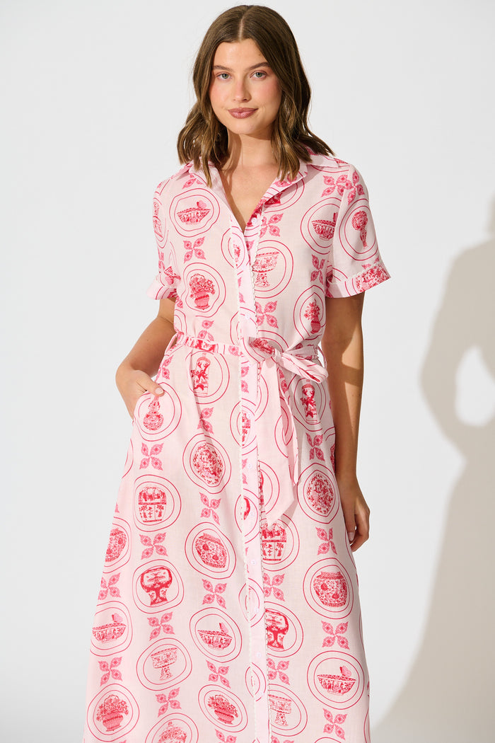 Hope Midi Shirt Dress in Pink Tiles Linen Blend front