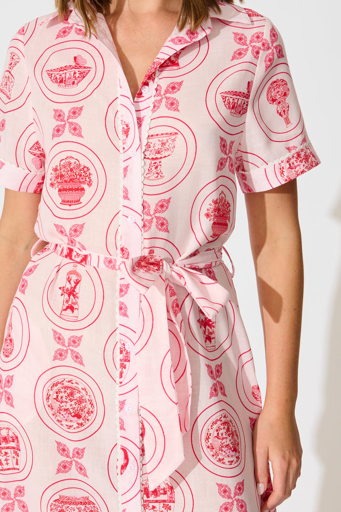 Hope Midi Shirt Dress in Pink Tiles Linen Blend detail
