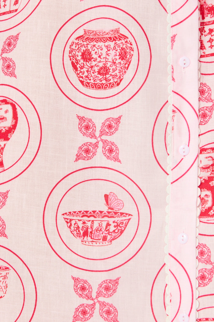 Hope Midi Shirt Dress in Pink Tiles Linen Blend fabric