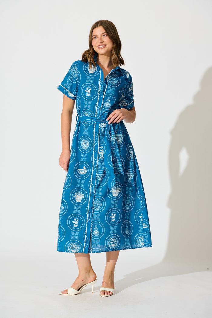 Hope Midi Shirt Dress in Blue Tiles Linen Blend full length