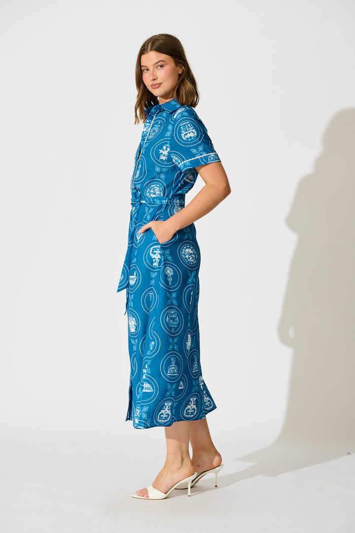 Hope Midi Shirt Dress in Blue Tiles Linen Blend side