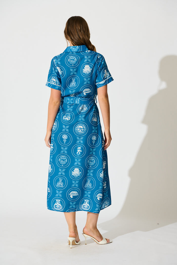 Hope Midi Shirt Dress in Blue Tiles Linen Blend back