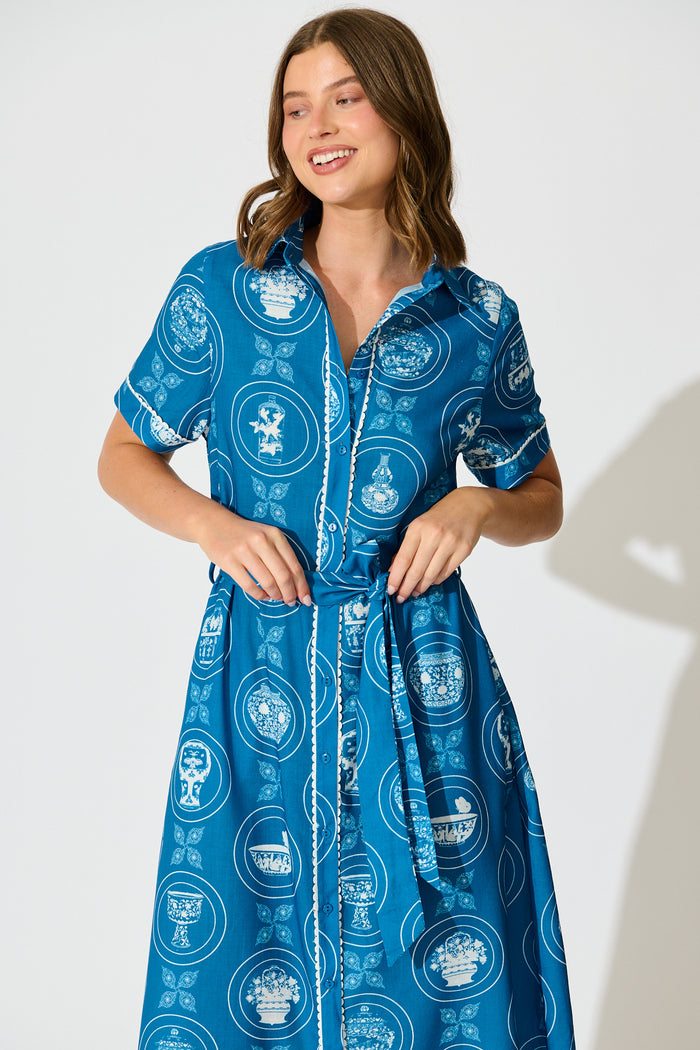 Hope Midi Shirt Dress in Blue Tiles Linen Blend front