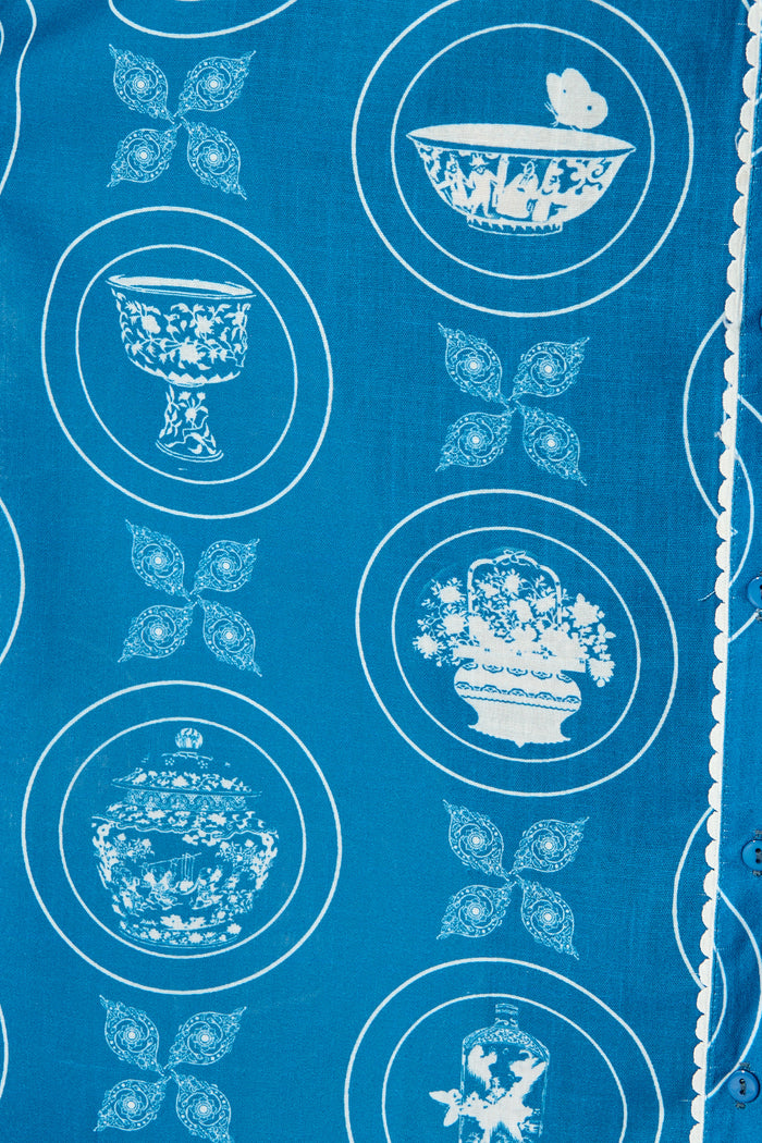 Hope Midi Shirt Dress in Blue Tiles Linen Blend fabric