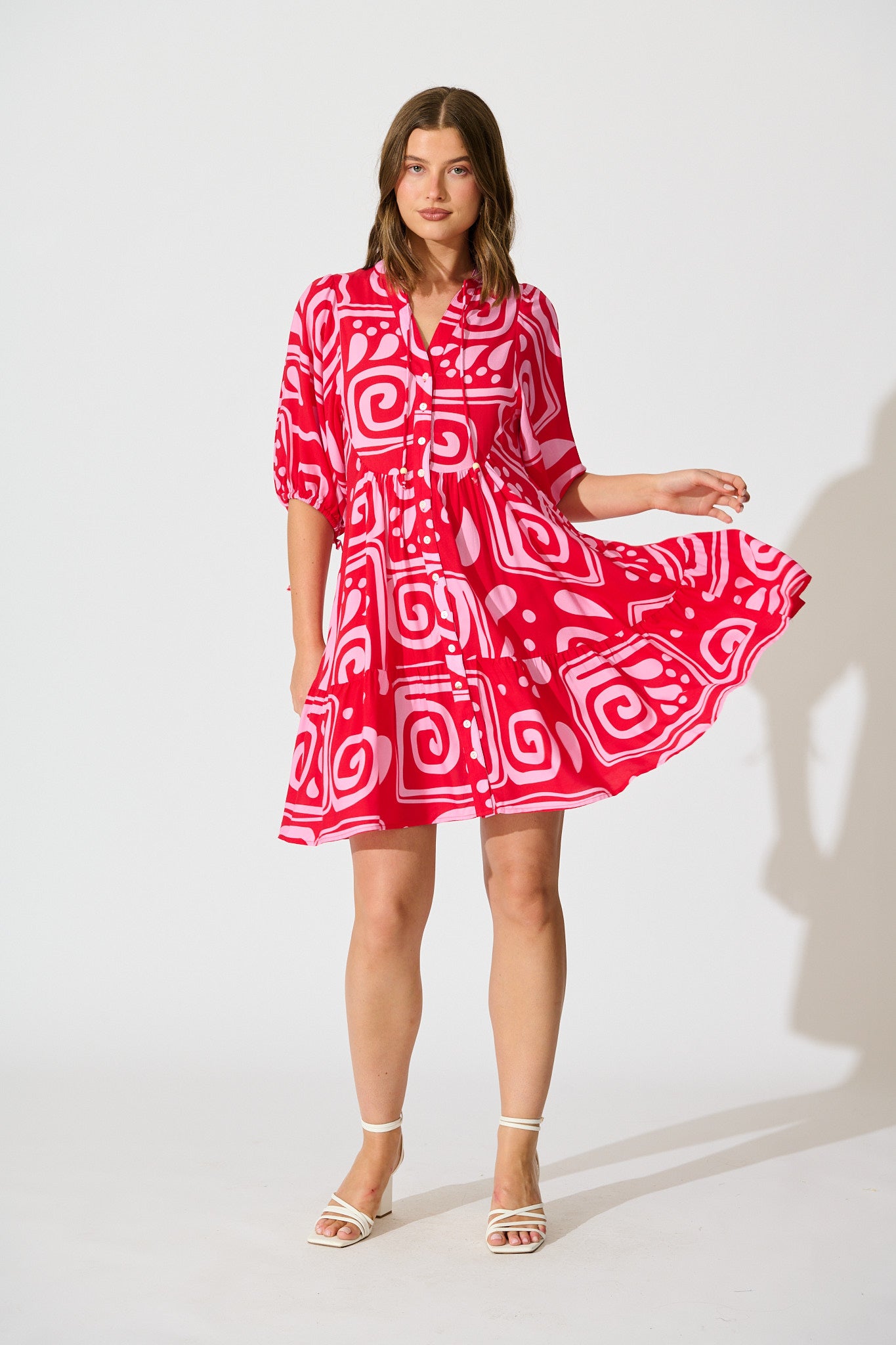 Falicia Smock Dress in Red Geometric Print full length