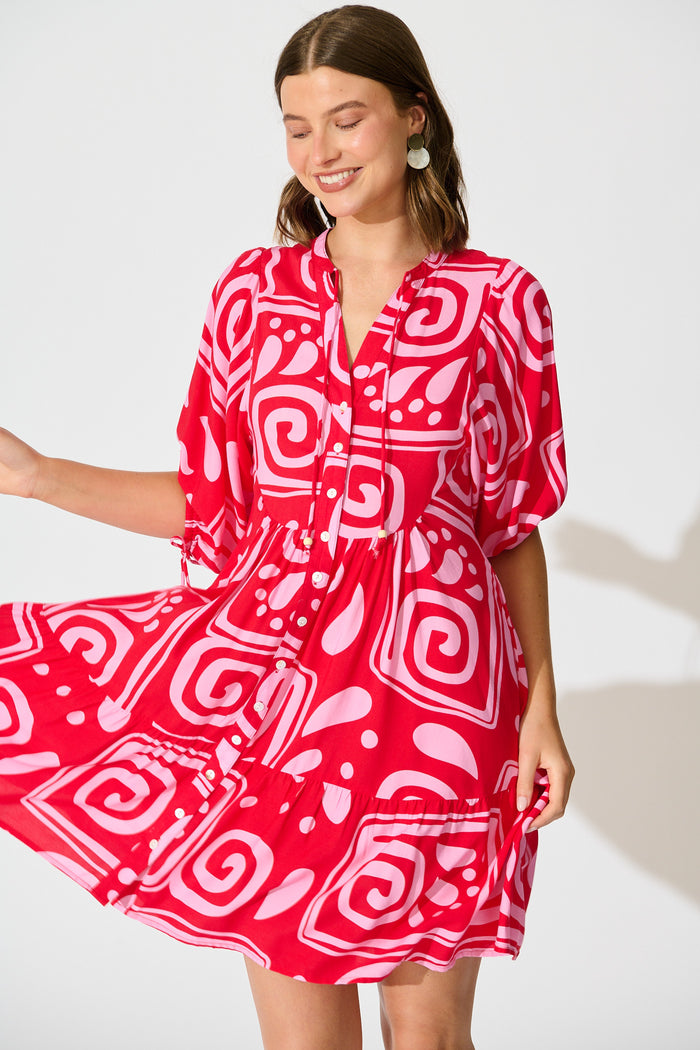 Falicia Smock Dress in Red Geometric Print front