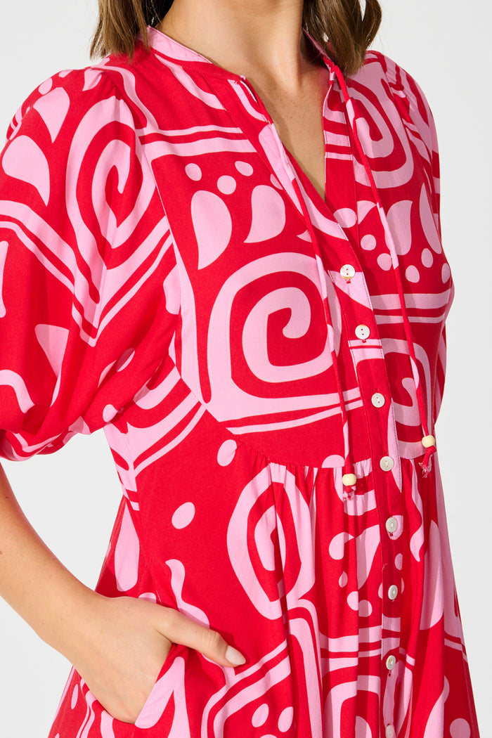 Falicia Smock Dress in Red Geometric Print detail