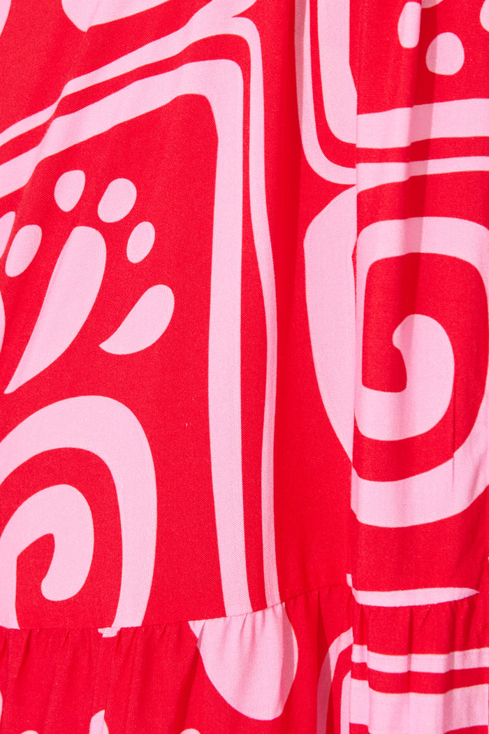 Falicia Smock Dress in Red Geometric Print fabric