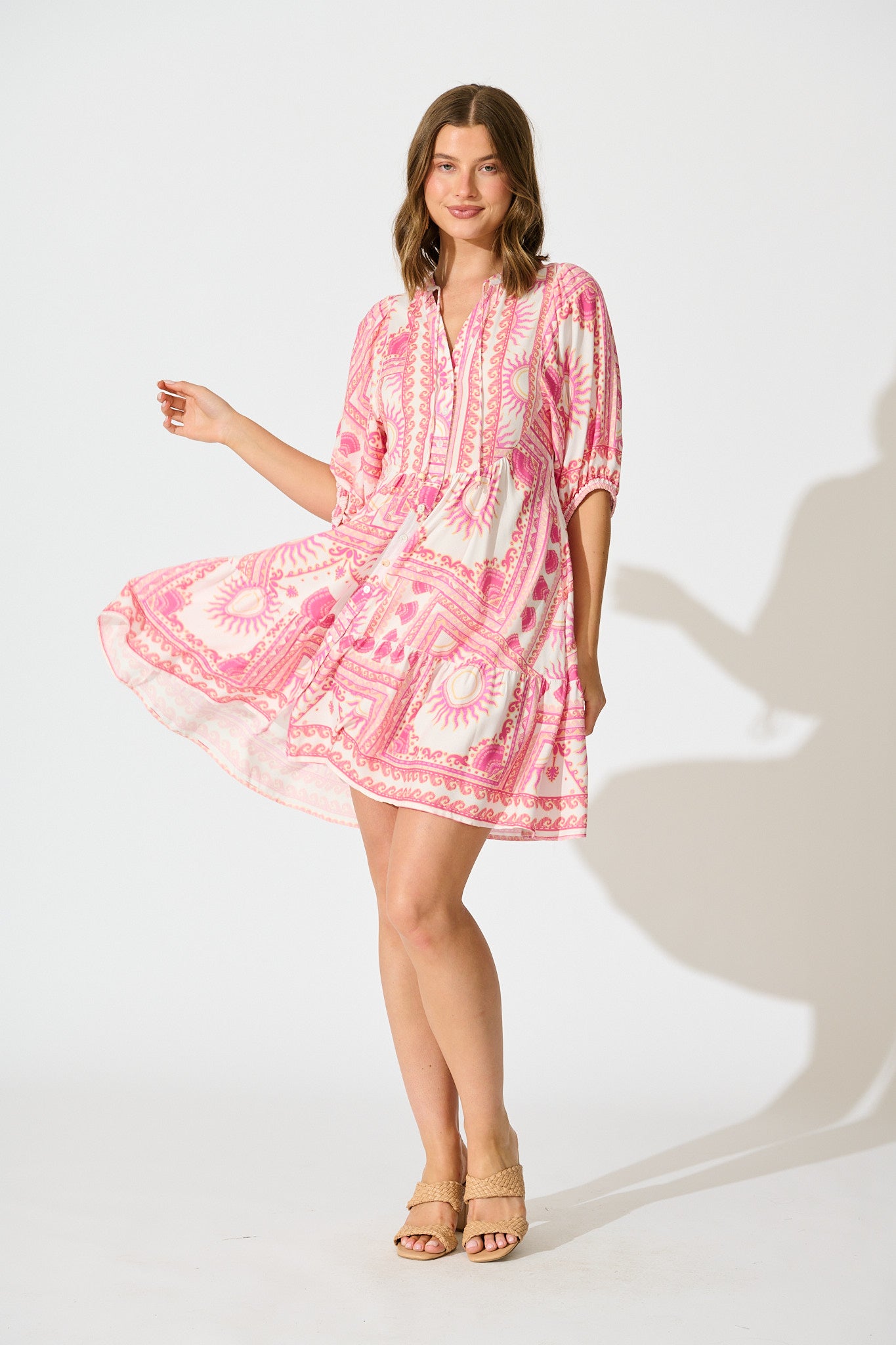 Falicia Smock Dress in White with Multi Pink Print full length