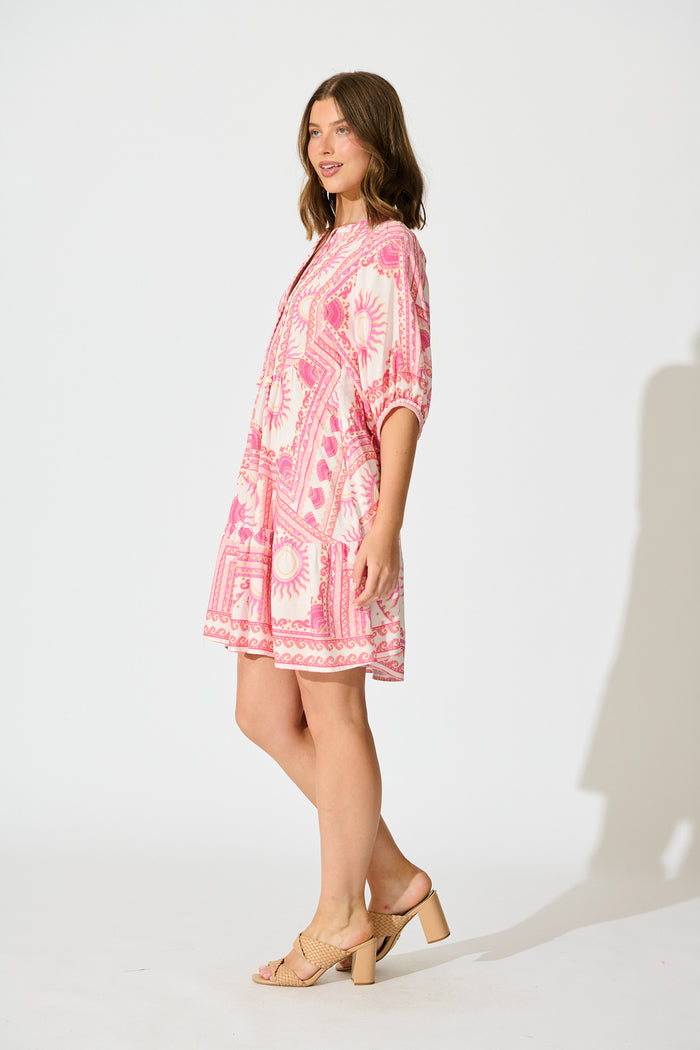 Falicia Smock Dress in White with Multi Pink Print side