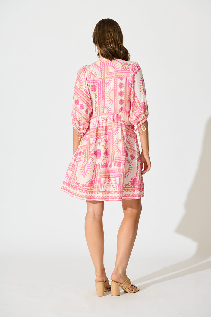 Falicia Smock Dress in White with Multi Pink Print back