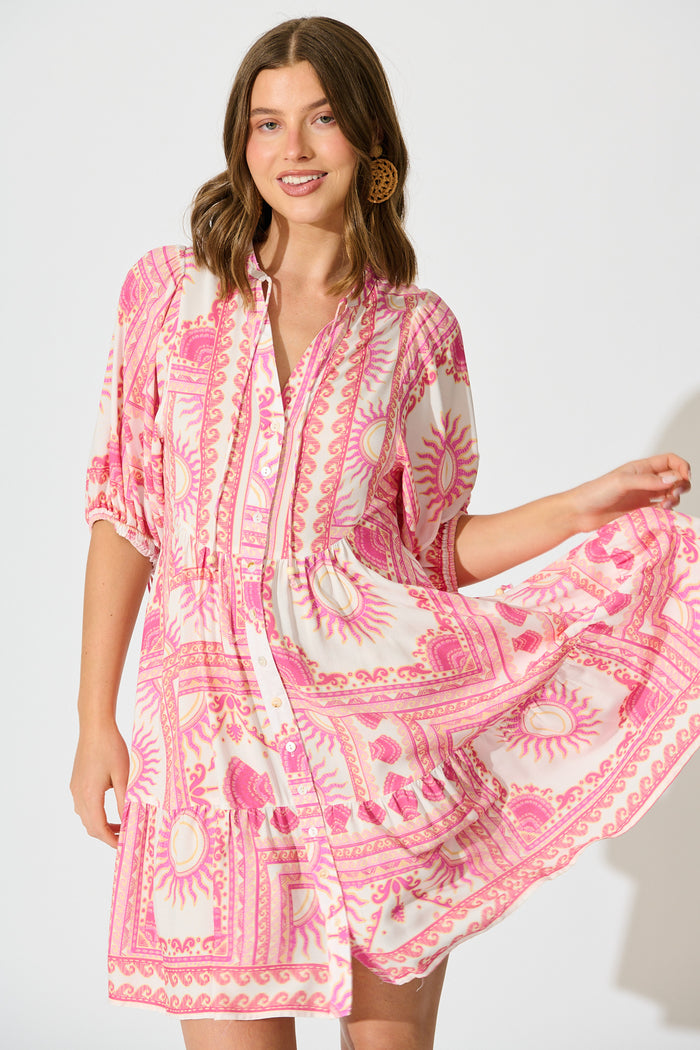 Falicia Smock Dress in White with Multi Pink Print front