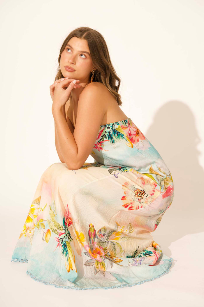 Summer Sky Maxi Dress in Multi Tropical Floral Print sitting