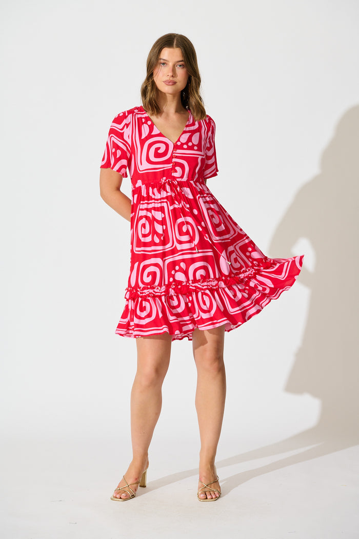 Tiley Dress in Red Geometric Print full length