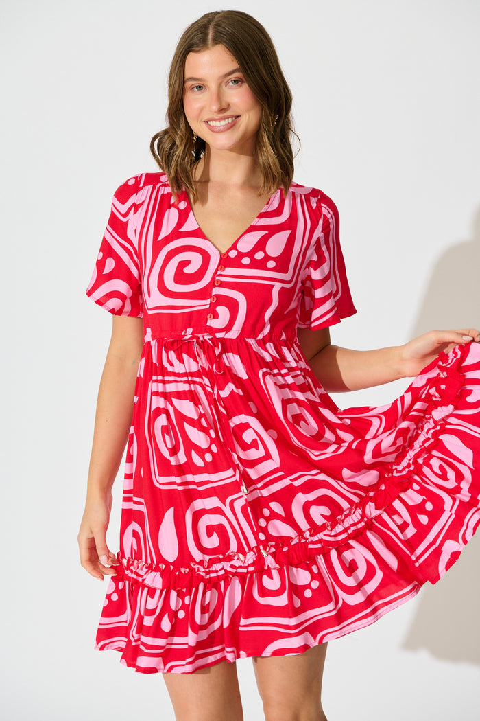 Tiley Dress in Red Geometric Print front