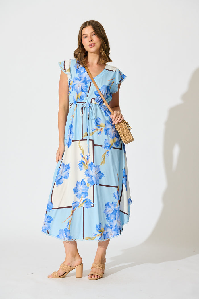 Atana Midi Dress in Blue Floral Print full length