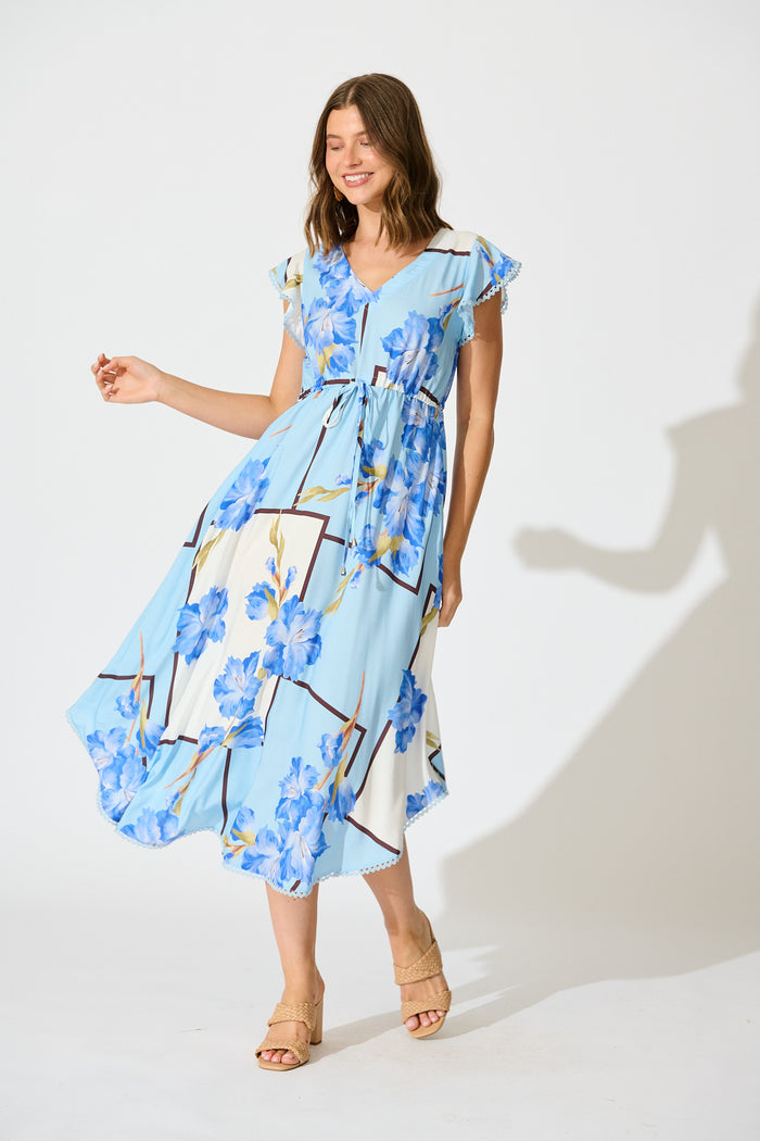 Atana Midi Dress in Blue Floral Print full length