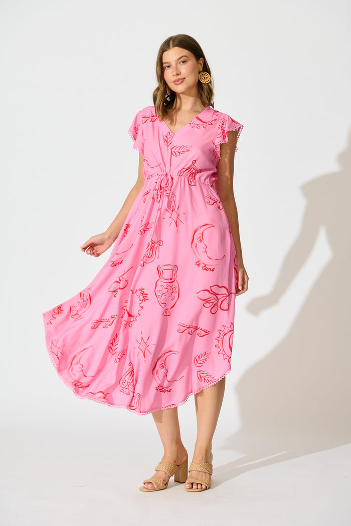 Atana Midi Dress in Pink with Red Print full length