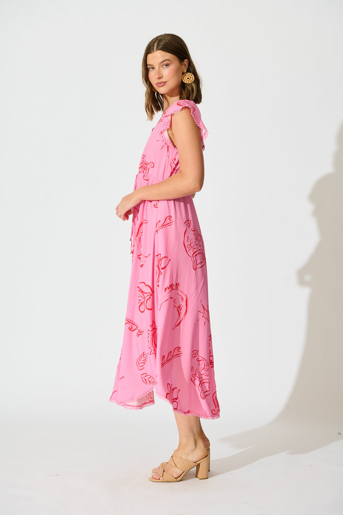 Atana Midi Dress in Pink with Red Print side