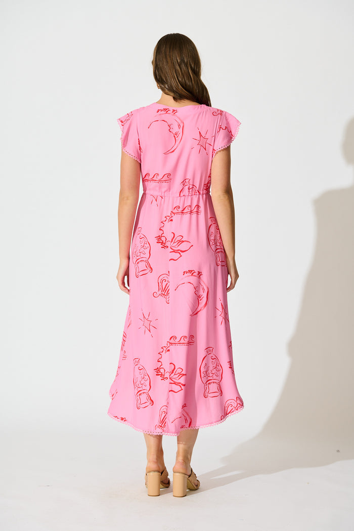 Atana Midi Dress in Pink with Red Print back