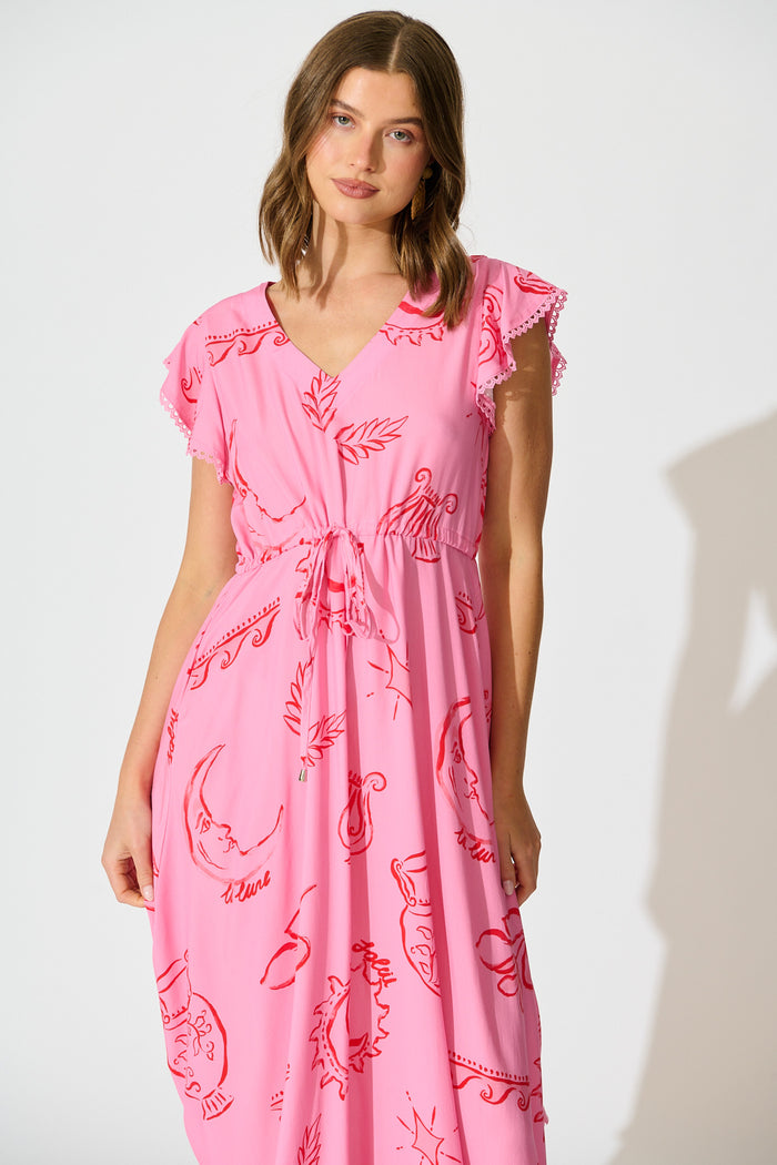 Atana Midi Dress in Pink with Red Print front