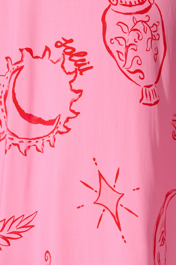Atana Midi Dress in Pink with Red Print fabric