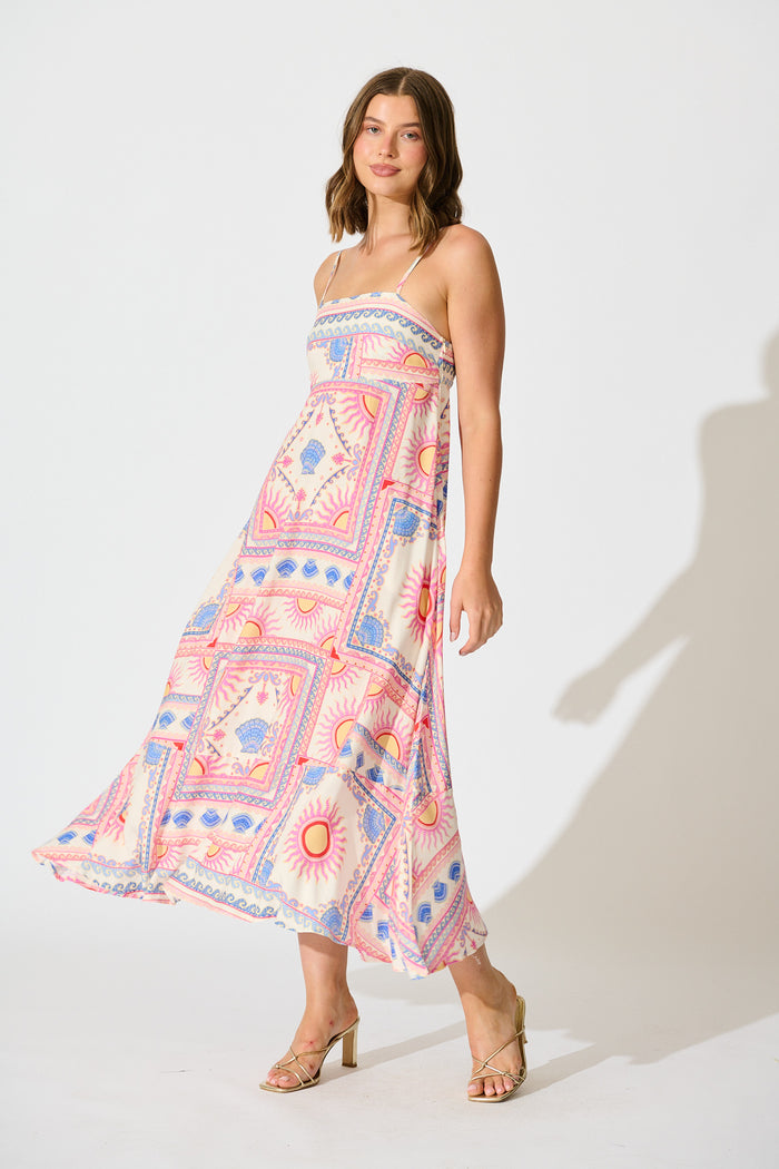 Leya Midi Sundress in Pink Tile Print full length