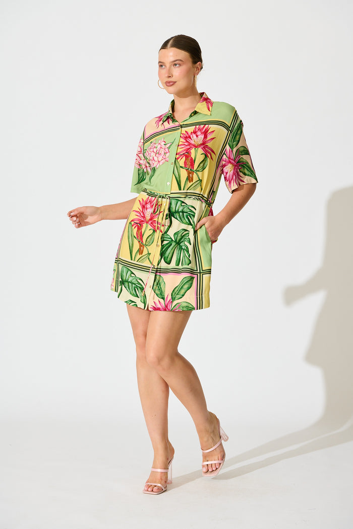 Sunrise Shirt Dress in in Yellow Multi Tile Print full length