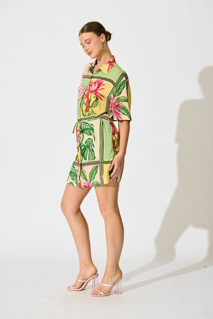 Sunrise Shirt Dress in in Yellow Multi Tile Print side