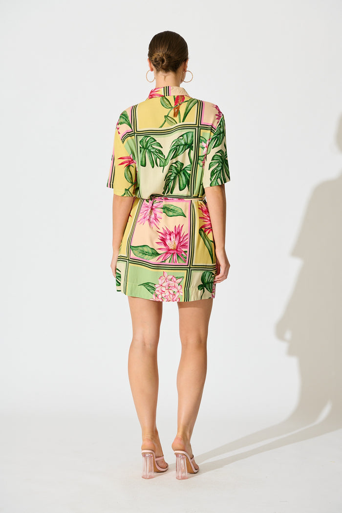 Sunrise Shirt Dress in in Yellow Multi Tile Print back