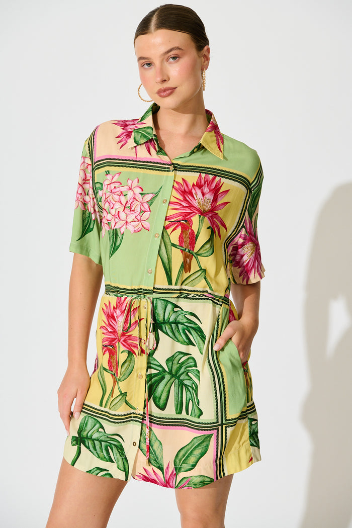 Sunrise Shirt Dress in in Yellow Multi Tile Print front