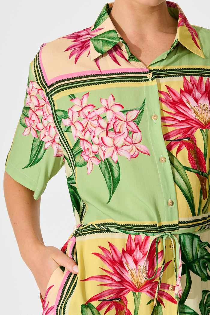 Sunrise Shirt Dress in in Yellow Multi Tile Print detail