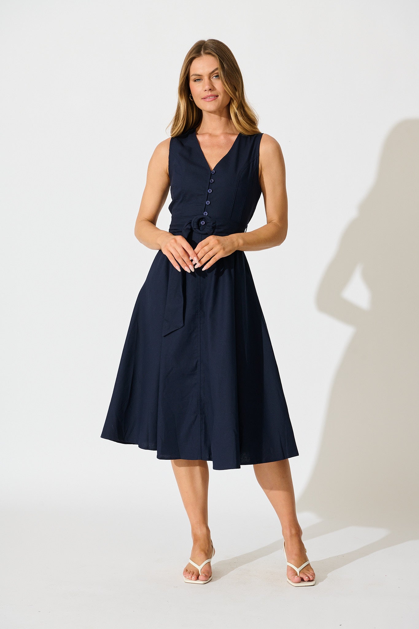 Iliya Midi Dress in Navy Cotton Linen full length