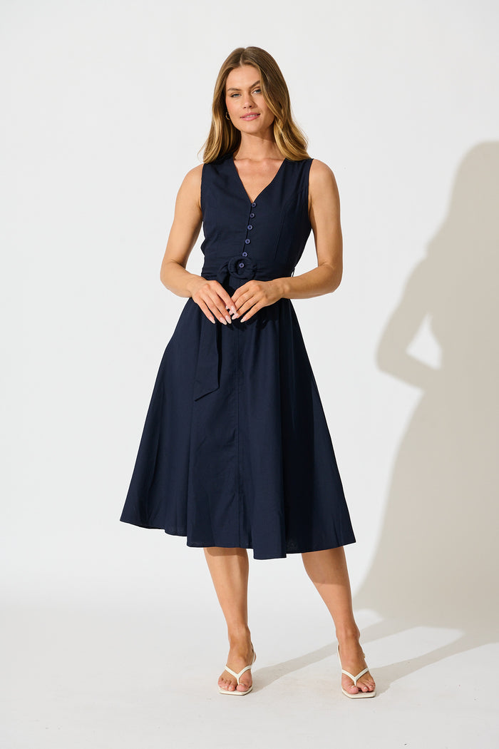 Iliya Midi Dress in Navy Cotton Linen full length