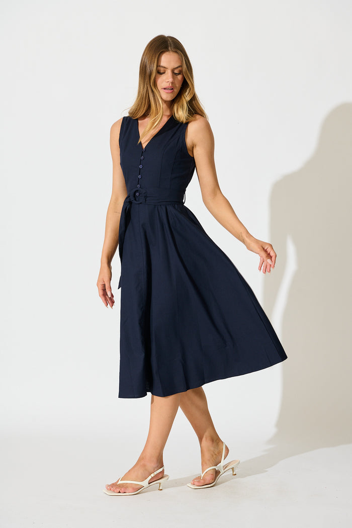 Iliya Midi Dress in Navy Cotton Linen side