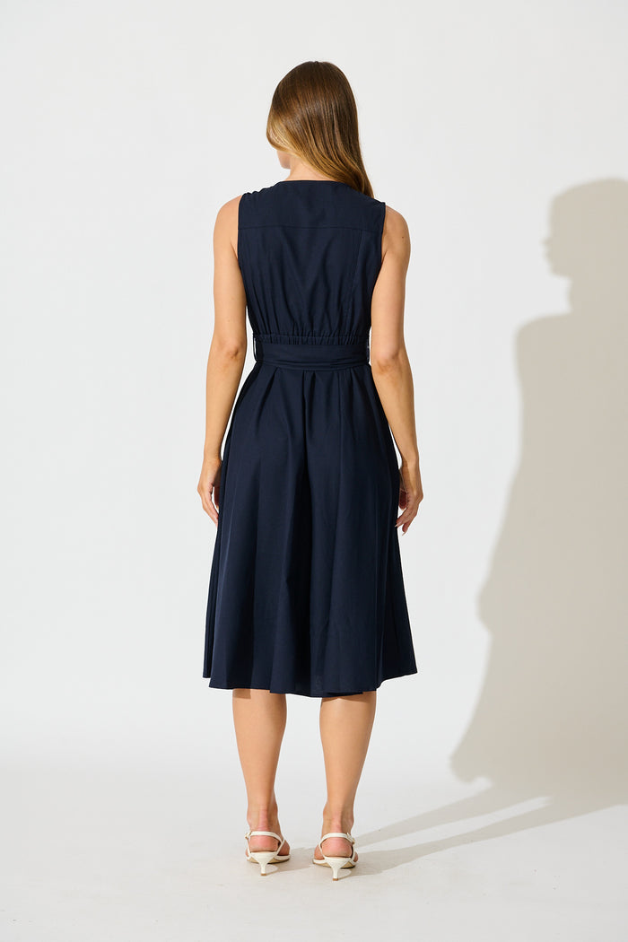 Iliya Midi Dress in Navy Cotton Linen back