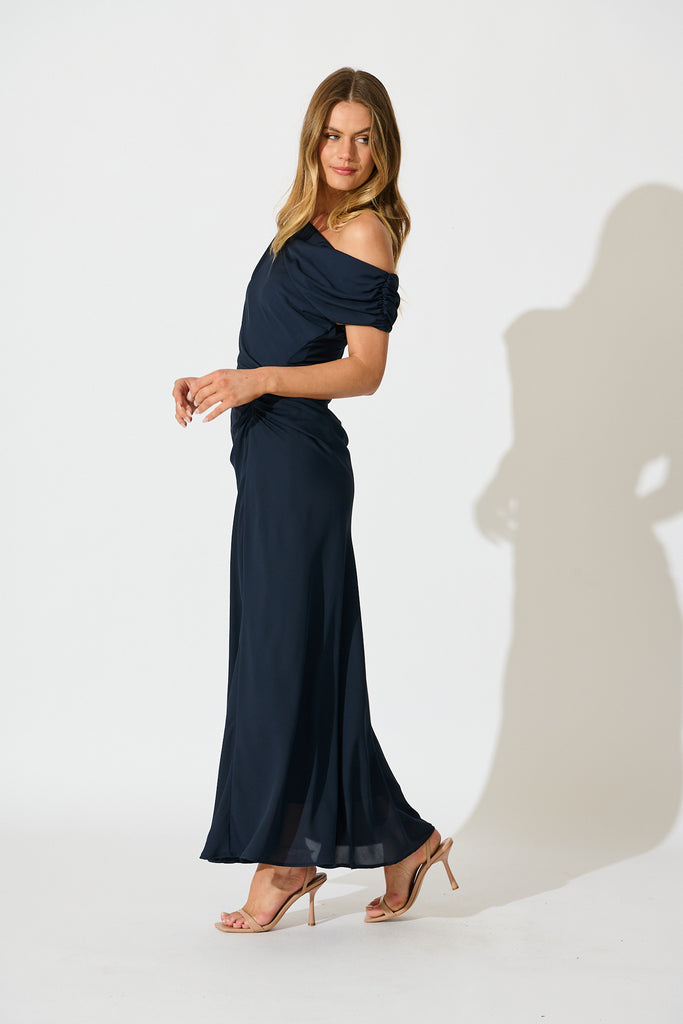 Marielle Off Shoulder Maxi Dress in Navy Chiffon side