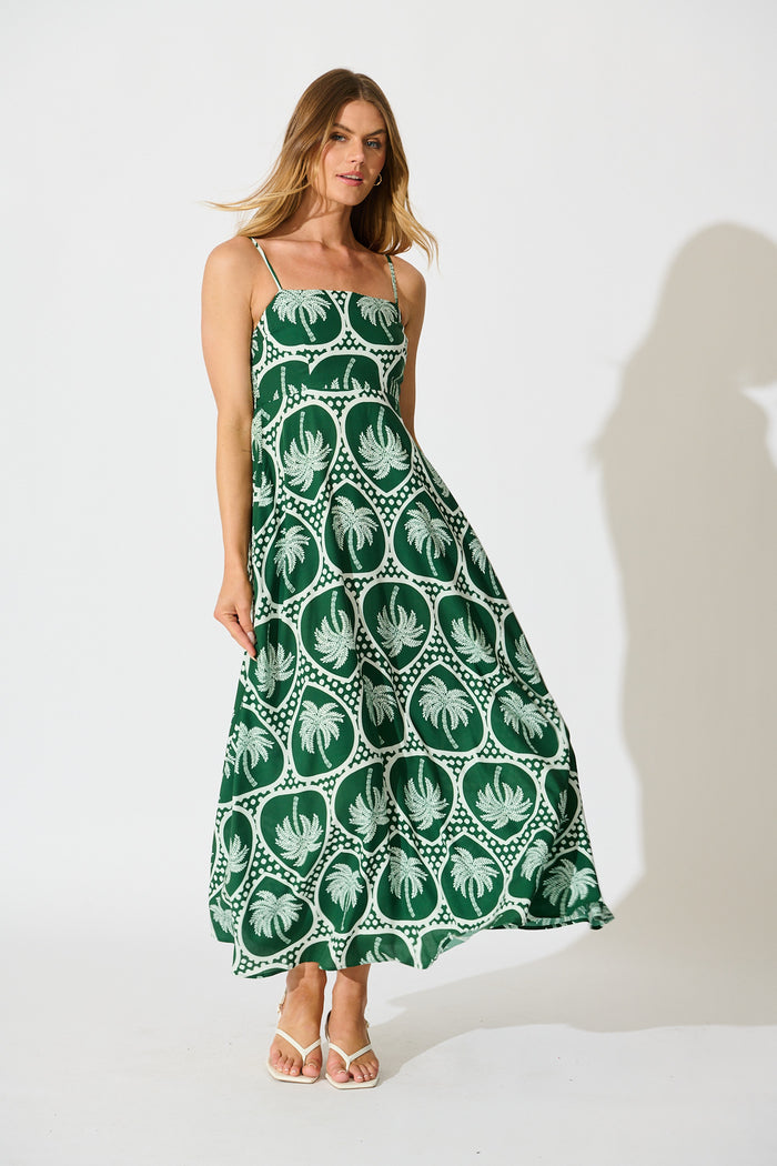 Fayda Maxi Sundress in Green Palm Tree Tiles Print full length