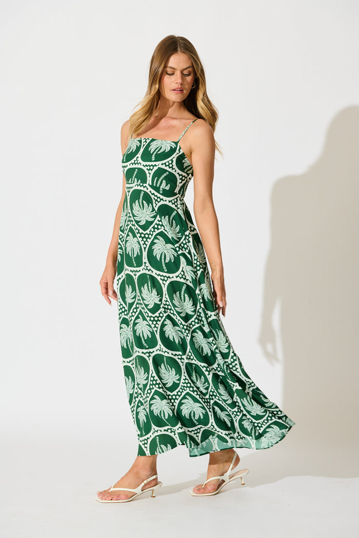 Fayda Maxi Sundress in Green Palm Tree Tiles Print side