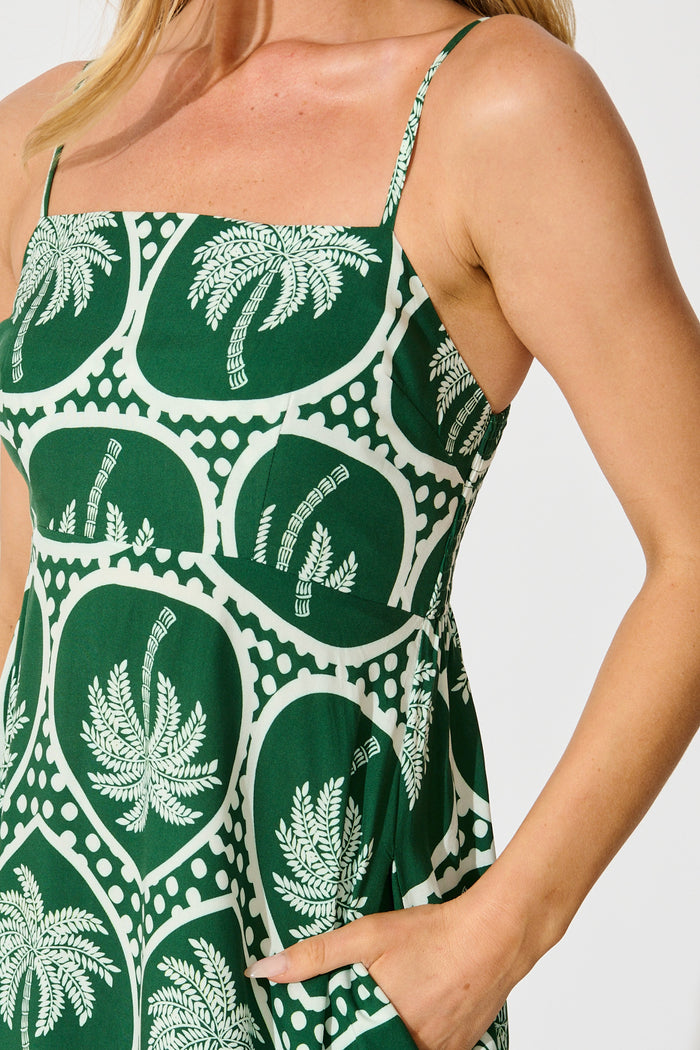 Fayda Maxi Sundress in Green Palm Tree Tiles Print detail