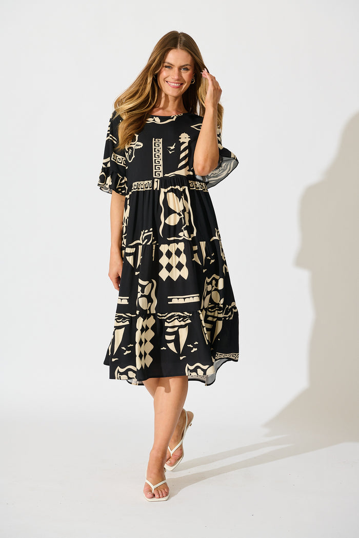 Layana Midi Dress in Black with White Print full length