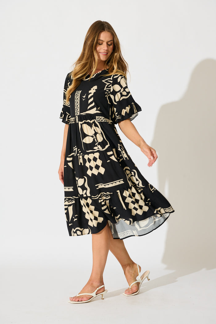 Layana Midi Dress in Black with White Print side