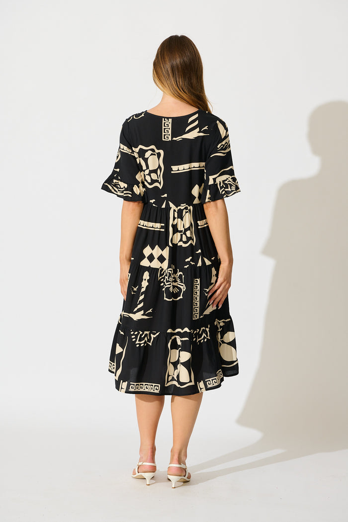 Layana Midi Dress in Black with White Print back