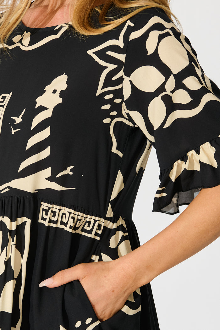 Layana Midi Dress in Black with White Print detail